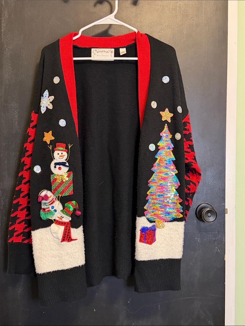 Merry & Bright Ugly Christmas Sweater Cardigan XL Black Sequin Tree Snowman